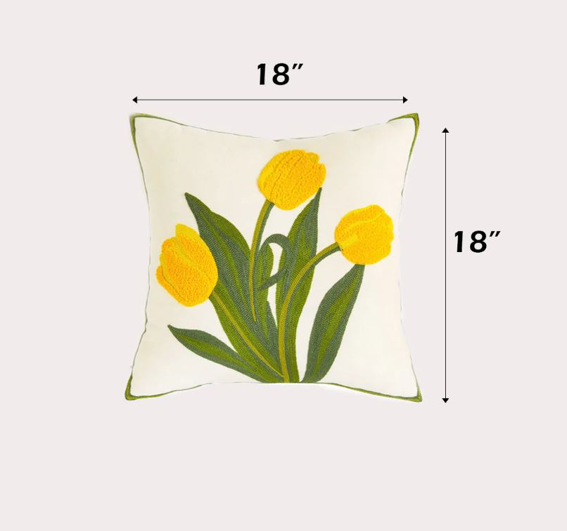 Coussin 18 po x 18 po brodé tulipe jaune