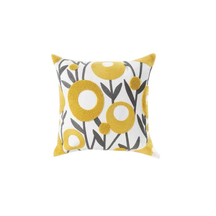 Coussin 18 po x 18 po brodé fleurs vertes et jaunes