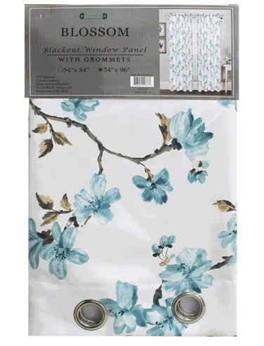 Rideau occultant Blossom 54 po x 96 po blanc avec motif de fleurs bleues