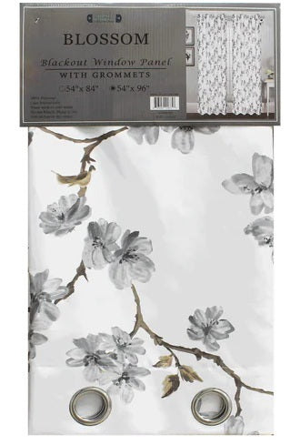 Rideau occultant Blossom 54 po x 96 po blanc avec motif de fleurs grises