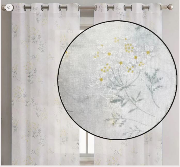 Rideau voilage Elsa 52 po x 96 po blanc avec motif de fleurs grises et jaunes