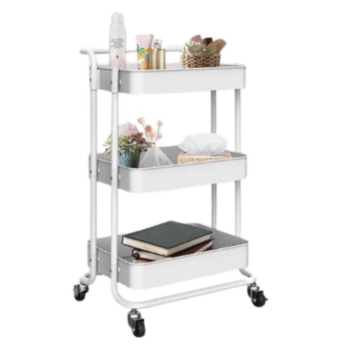 Chariot à trois niveaux en métal sur roulettes 15,5 po x 12 po x 28 po blanc