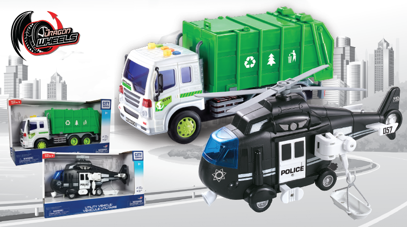 Camion poubelle ou hélicoptère de police avec effets sonores et lumineux Dragon Wheels (3 ans et plus)