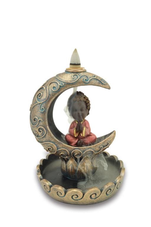 Brûleur pour cônes d'encens à refoulement 5 po x 6 po en forme de lune avec un bouddha