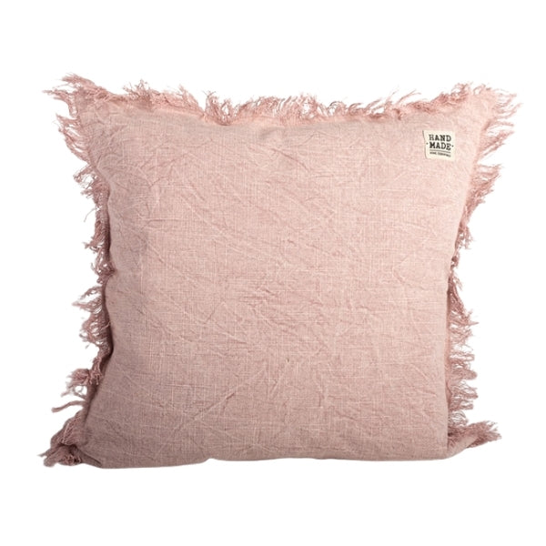 Coussin 20 po x 20 po  100% coton rose avec frange