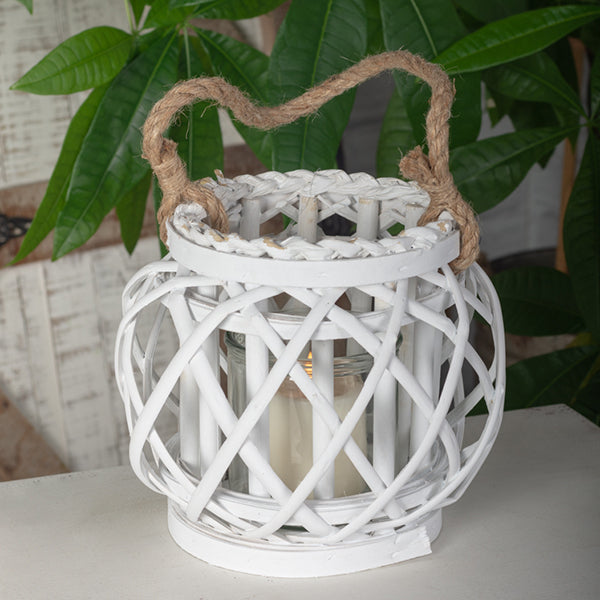 Lanterne 7 po x 7 po branche blanche et verre poignée corde