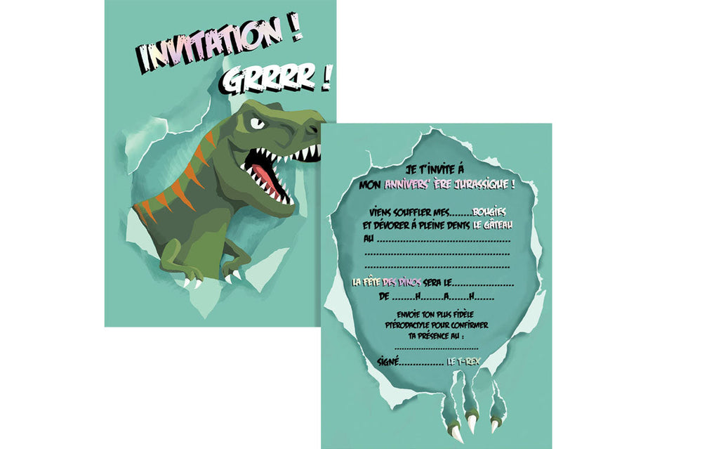 Carte d'invitation pour anniversaire dinosaure T-rex (paquet de 8)