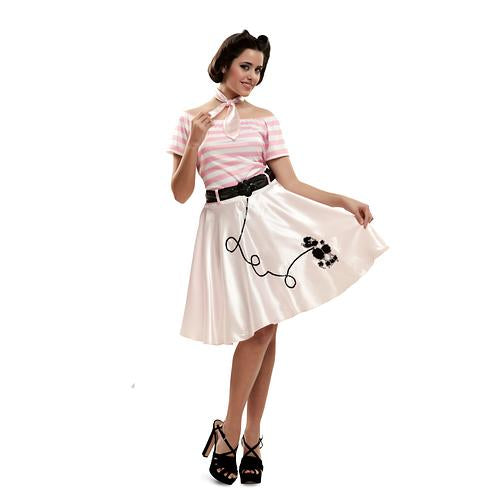 Costume femme année 50 en rose robe avec motif chien