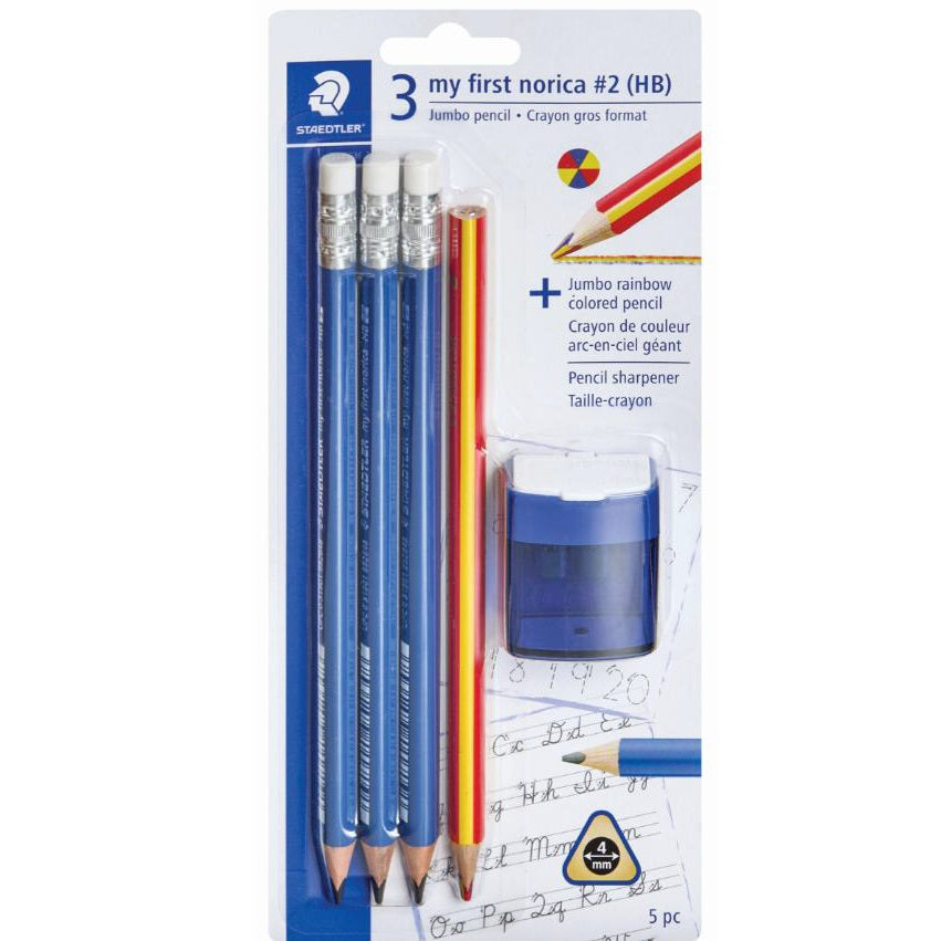 Ensemble de 3 crayons de plomb jumbo HB Norica, 1 crayon arc-en-ciel et taille-crayon Staedtler