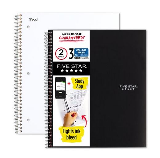Cahier spirale 8,5 po x 11 po Five Star 3 sujets 300 pages